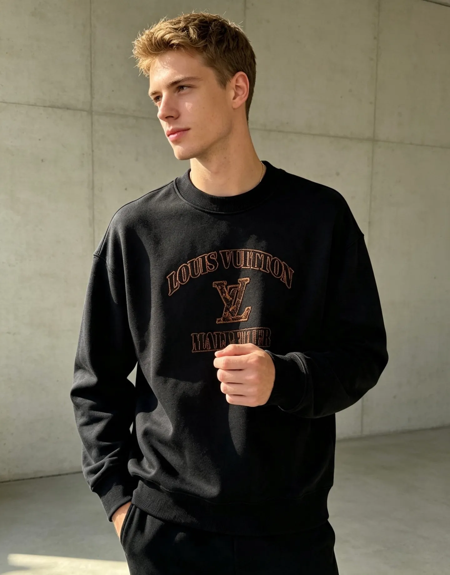 Louis Vuitton/Louis Vuitton leather label letter embroidered crew neck sweatshirt